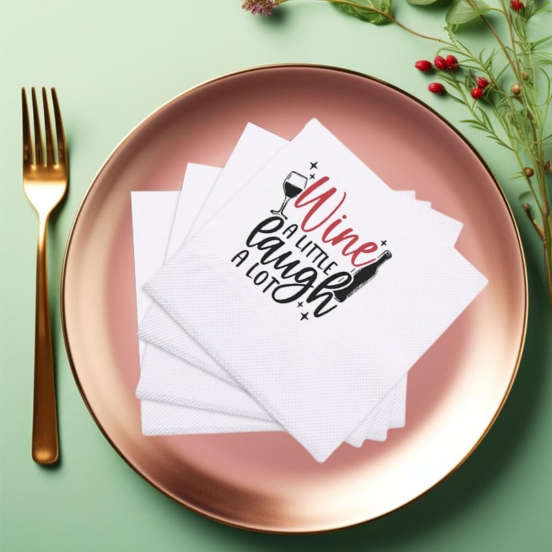 VOWFOO Funny Fiesta Wine Drinking Quotes Saying Cocktail Napkins Party Beverage Bar Paper Novelty Humorous Quirky Gag Gift 100Pcs 4.5 x 4.5 15-ply(Wine A Little Laugh A Lot)