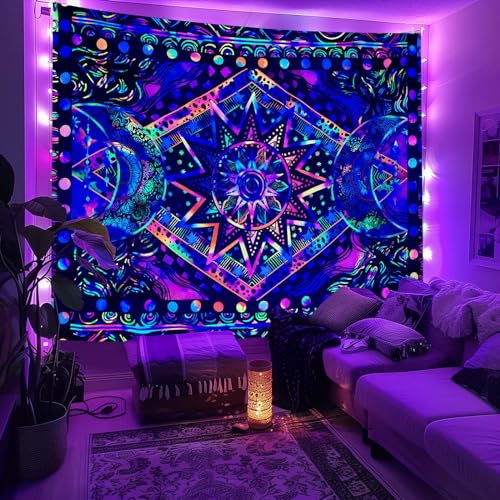 Blacklight Sun and Moon Tapestry - UV Reactive Glow Wall Hanging (40" x 30")