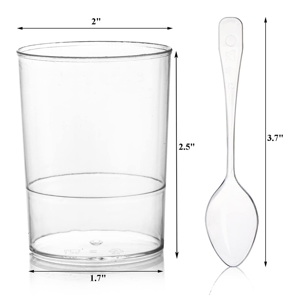 Okllen 100 Pack Mini Dessert Cups with Spoons, 3 Oz Round Shot Cups Plastic Dessert Shooters, Appetizer Parfait Cups Shot Glasses for Chocolate Desserts, Ice Cream, Puddings, Tasting Party