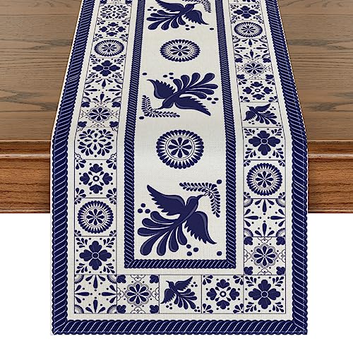 Artoid Mode 13 x 72 inch Floral Bird Table Runner Blue Patchwork Tiles