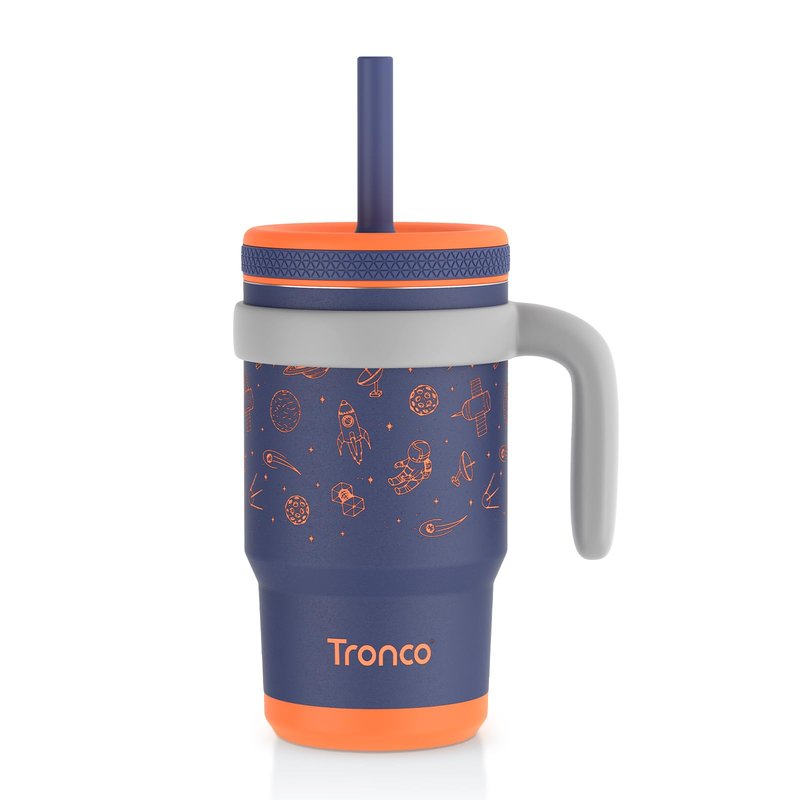 Tronco 14 oz Kids Insulated Tumbler with Handle & Spill Resistant Flexible Straw, BPA-Free Stainless Steel Toddler Cups with Lids, Splash-Proof Kid Drinking Cup Travel Mugs, Easy to Clean