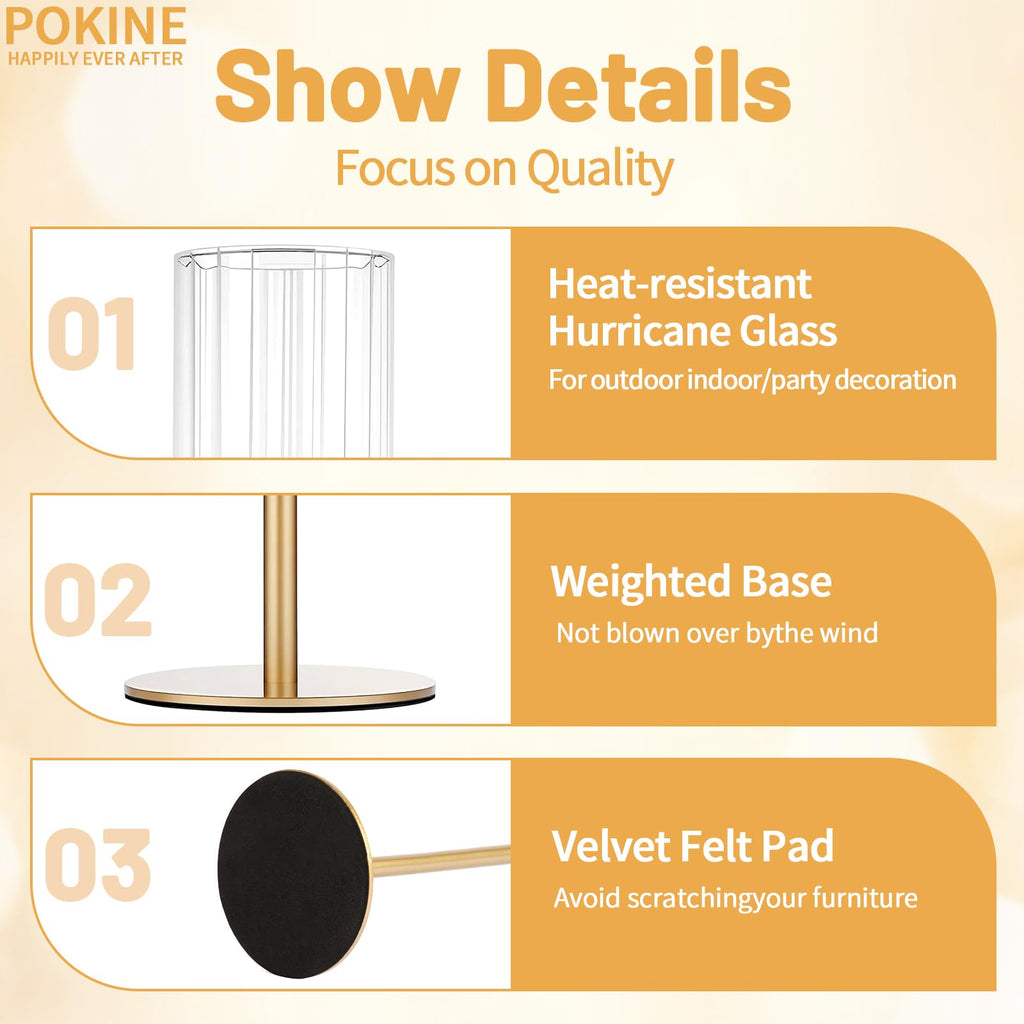 POKINE Tall Hurricane Candle Holders Set of 6, Gold Glass Taper Candlestick Holders for Wedding, Christmas, Dining Table, Party & Home Decor