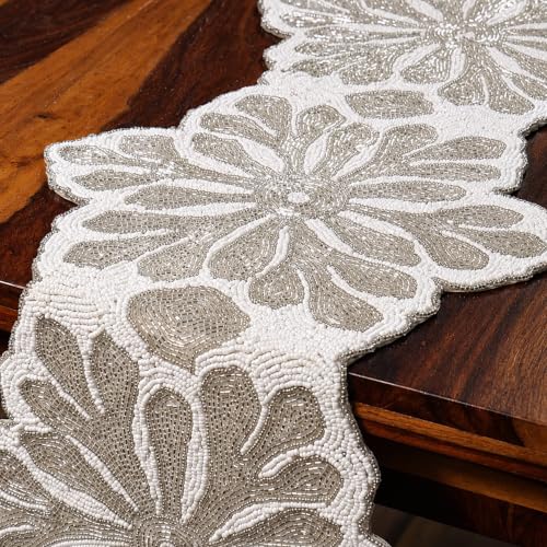 CLEENTABLE Beaded Table Runner 36x13 inches - White Silver Decor