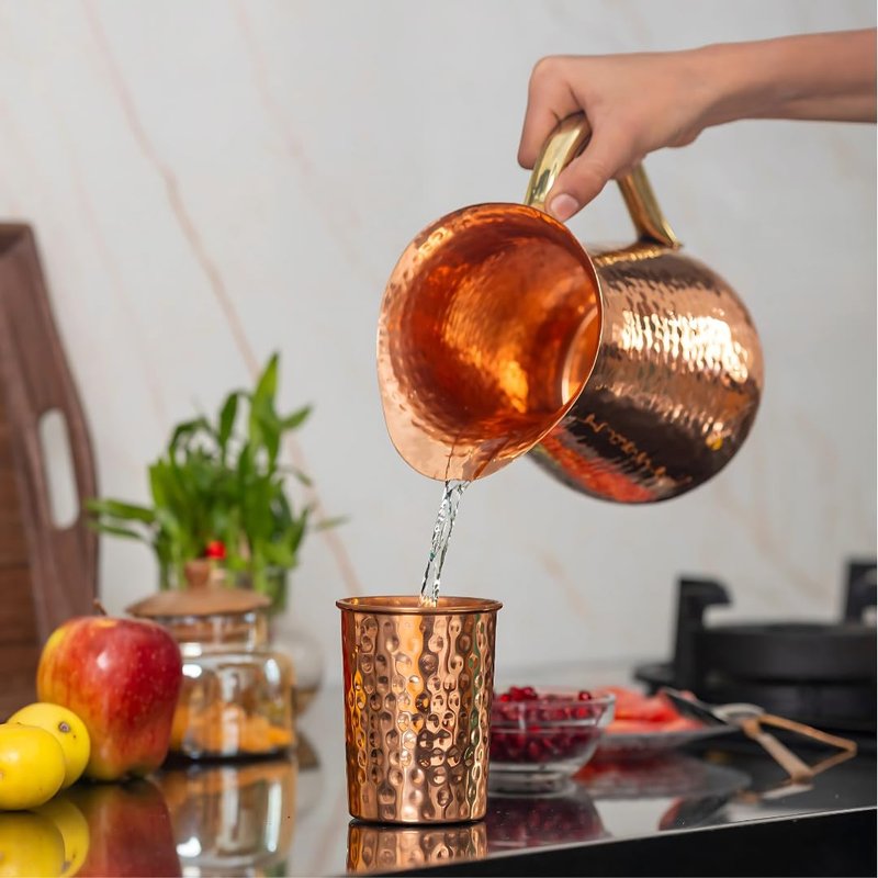 POSHGRAM Copper Pitcher Handcrafted Excellence, Hammered Texture Copper Water Pitcher with Sturdy Handle, Set of 4 Glasses for Everybody, Capacity of jug -1.25 L and Capacity of each glass -250ml