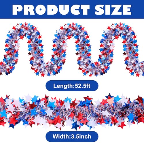 52.5ft Patriotic Star Tinsel Garland - Red White & Blue 4th of July Decor