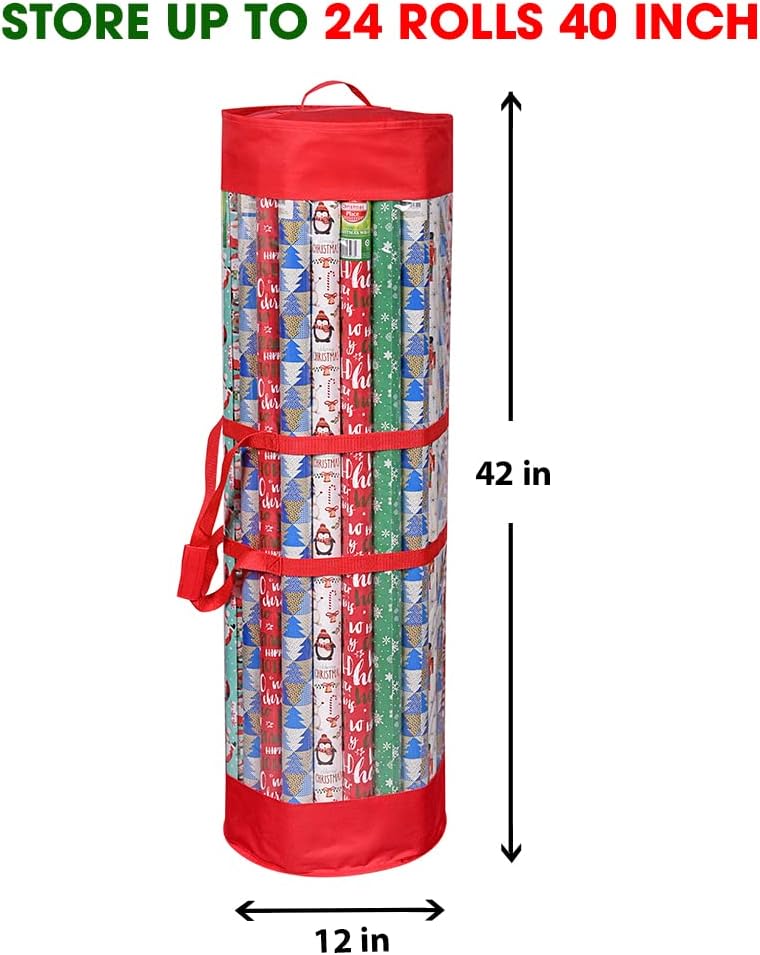 ProPik Gift Wrap Organizer - Heavy Duty Wrapping Paper Storage Bag for 24 Rolls | 40 Inch Long, Red & Clear