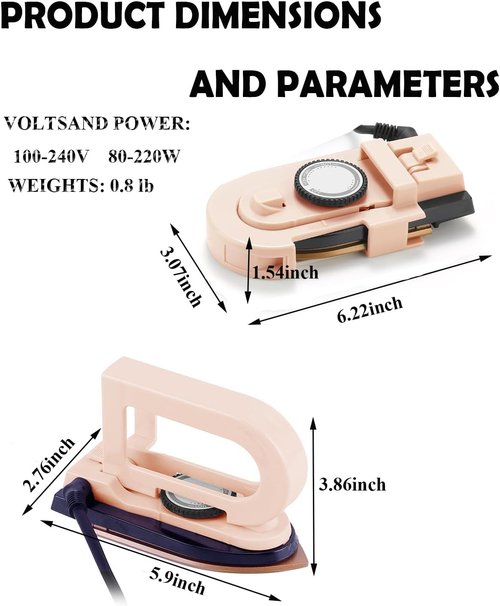 Dual Voltage Travel Iron - 3-Temp Mini Dry Iron with Non-Stick Soleplate | Ultra-Lightweight 0.8lb (Pink)