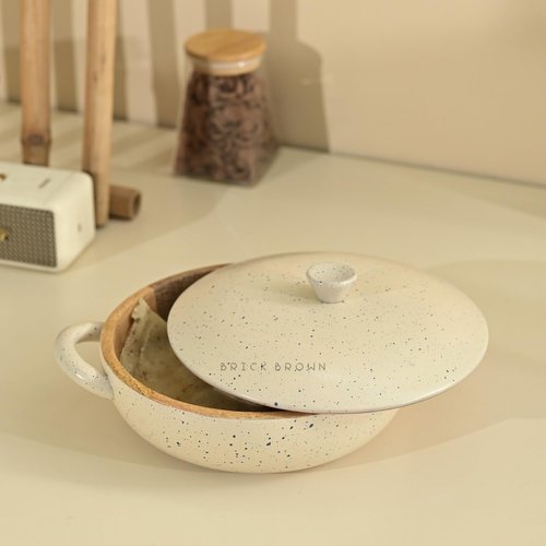 Brick Brown® Pebble Wooden Roti Box with Handle | Chapati Box for Kitchen | Roti Casserole Hot Pot with Lid | Case Roti Dabba Server for Dining Table | Handmade Roti Container (11.5x9x4.4 in)