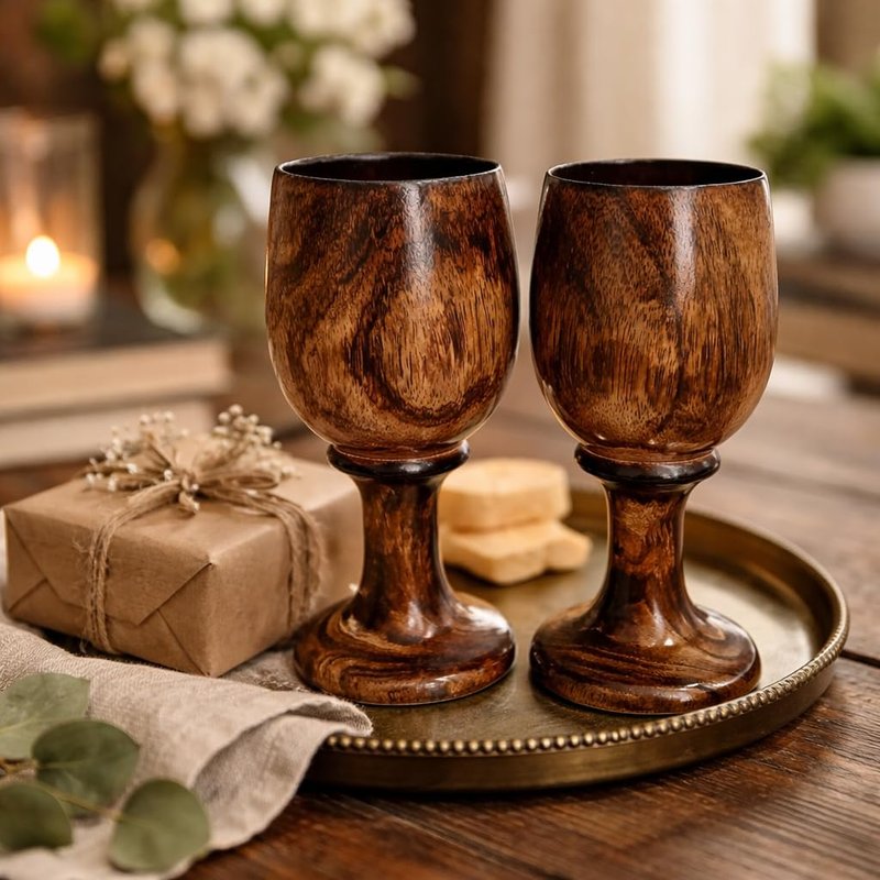 collectiblesBuy Handmade Wooden Goblet Set of 2 – 7 Inch Rustic Chalice Cups for Wine, Mead & Beverages | Eco-Friendly Vintage Wooden Drinkware for Barware & Gifts