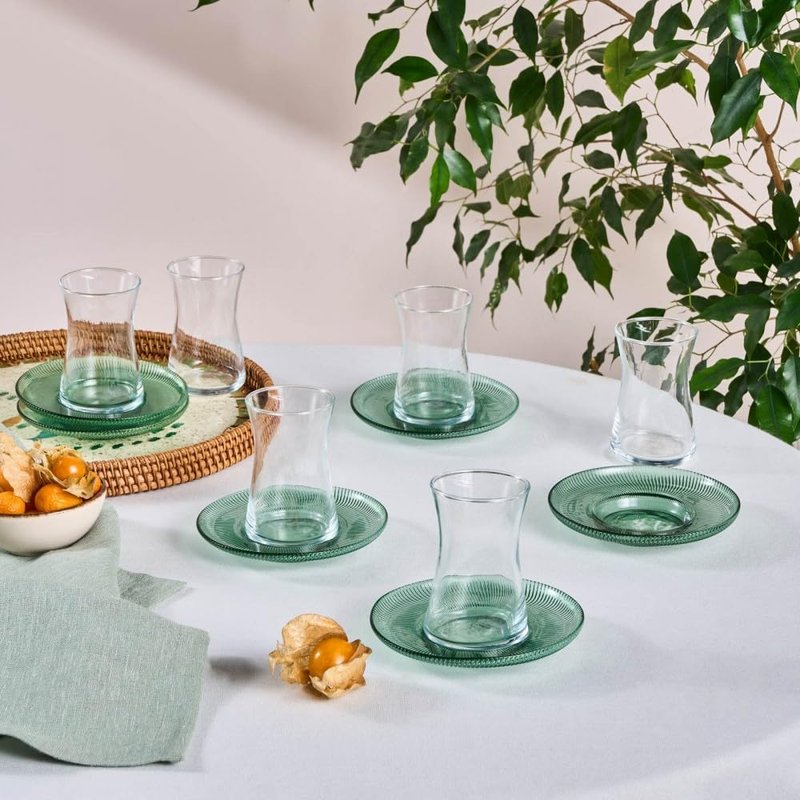 KARACA Juliet Turkish Tea Cups Set of 12, 170ml/5.74oz Turkish Tea Glasses with Green Detail Saucers for 6 People, Ideal Glass Set for Mother's Day and Housewarming