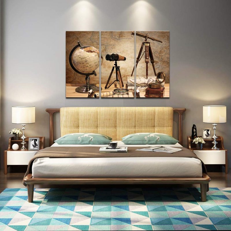 Nachic Wall - Large 3 Piece Canvas Wall Art Ancient Telescope Compass Globe Picture Prints Vintage Grunge Still Life with Ancient Map Poster Painting