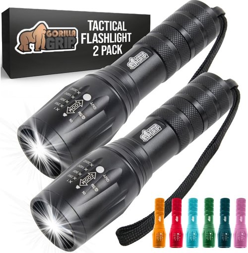 GORILLA GRIP LED Tactical Flashlight - 750 FT High Lumens, 5 Modes, Water Resistant | 2 Pack Black