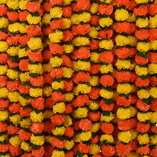 Artificial Marigold Garland 5 Feet Long 5 Pc Yellow & Green Floral Decorations