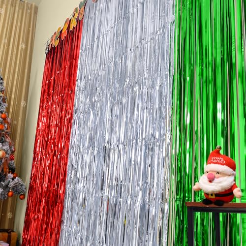 LOLStar 3 Pack Christmas Foil Fringe Curtains 3.3x6.6 ft Red Silver Green Holiday Party Decor