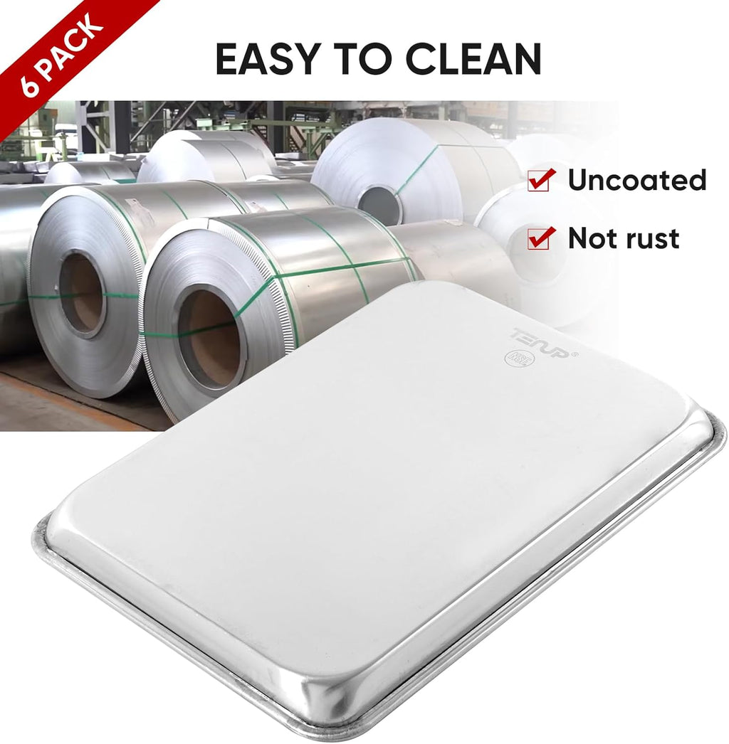 TENUP 6 Pack Aluminum Quarter Sheet Pan - Heavy Duty 13" x 9" Baking Tray | Warp-Resistant & Rust-Free
