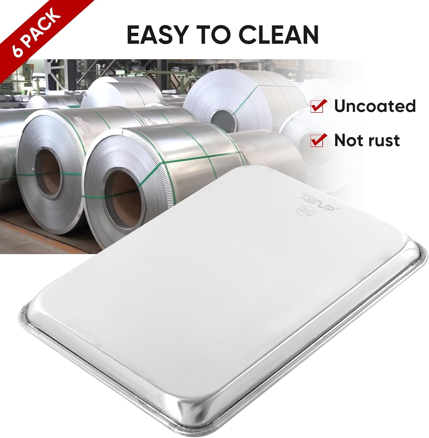 TENUP 6 Pack Aluminum Quarter Sheet Pan - Heavy Duty 13" x 9" Baking Tray | Warp-Resistant & Rust-Free