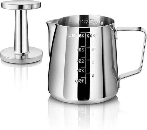 New Star Foodservice 28829 Commercial Grade Stainless Steel 18/8 12-Ounce Frothing Pitcher and Die Cast Aluminum Tamper Combo Set, Silver