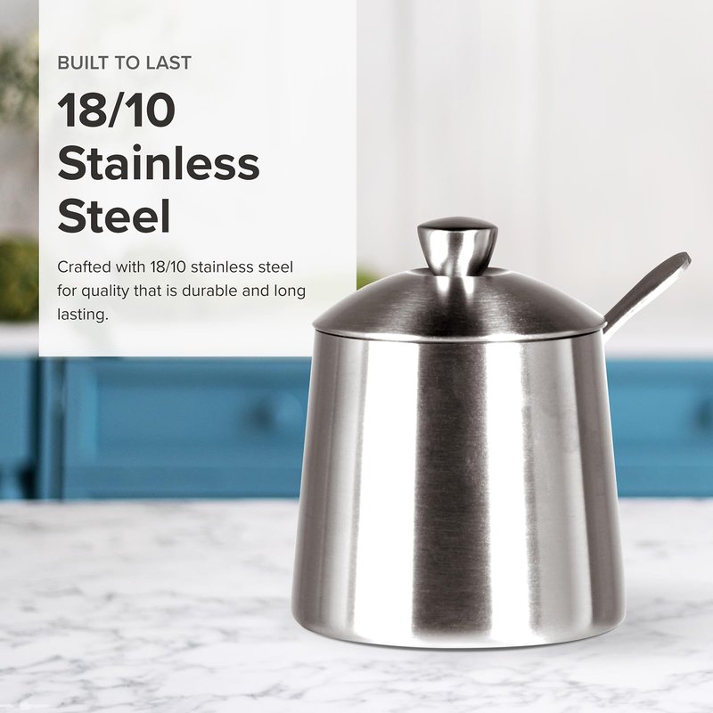 Frieling USA 18/10 Brushed Stainless Steel Sugar Bowl with Lid & Spoon - 10 oz Sugar Container & Dispenser with Pour Spout - Countertop Jar with Spoon Holder for Cubes, Packets & Condiments