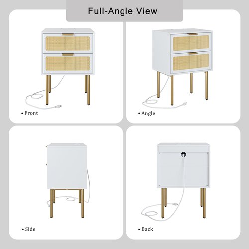 Aobafuir Nightstand with Charging Station, Rattan Nightstand for Bedroom, Small Bedside Table with Drawers, Night Stand, End Table with Gold Frame for Living Room (White, 2 Drawers)