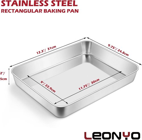 Leonyo Stainless Steel Baking Pans - Nonstick Heavy Duty Set of 2 | 12⅓ x 9¾ x 2 Inch Deep Lasagna & Cake Pan