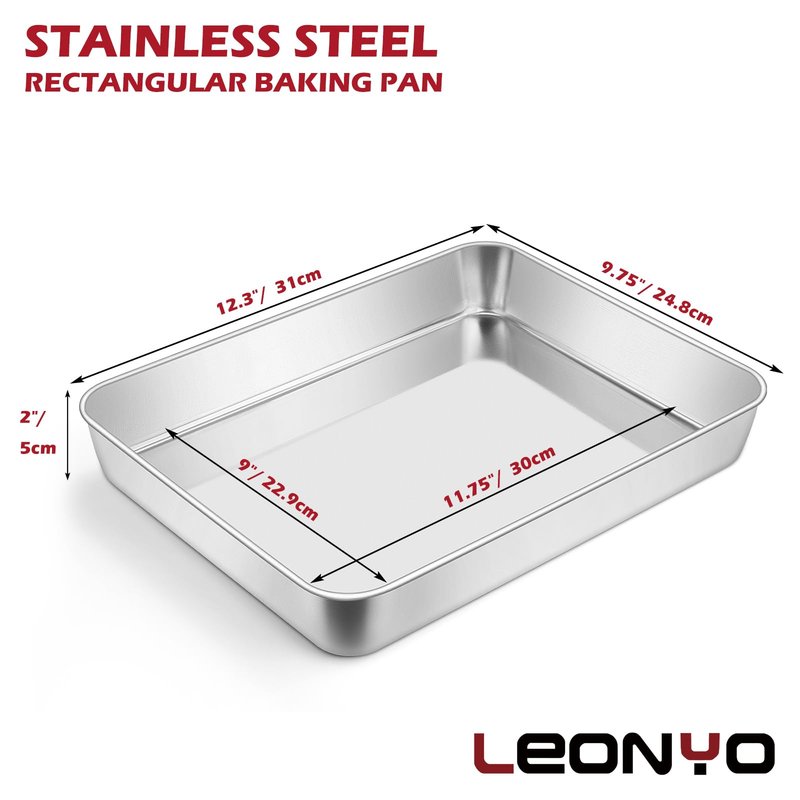 Leonyo Stainless Steel Baking Pans Set of 2, 12⅓ x 9¾ x 2 Inch Cake Pan, Nonstick & Heavy Duty, Deep Rectangular Lasagna Pan Sheet Bakeware for Focaccia, Bread, Brownies, Casseroles Dish