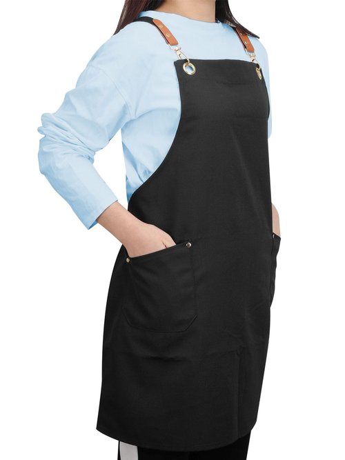 YIUJEFDA Black Cross Back Aprons for Women Men, Adjustable Long Straps Large Pockets Canvas Waterproof Apron for Chef Kitchen Cooking Server