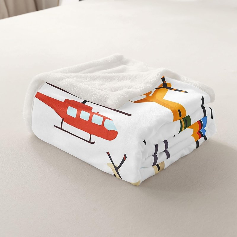 Airplane Sherpa Blanket Throw 50"x60" Aircraft Helicopter Blanket Throw For Kids Boys Teens Young Man Cartoon Airplanes Fleece Blanket Aviation Theme Fuzzy Blanket Bedroom Sofa Decor White