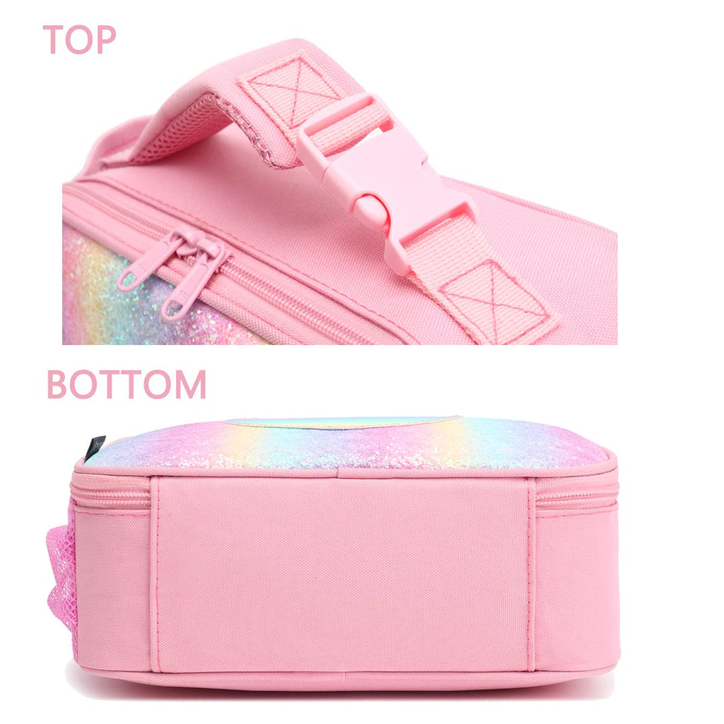 FlowFly Kids Lunch box Insulated Soft Bag Mini Cooler Back to School Thermal Meal Tote Kit for Girls, Boys, Glitter-RainBow