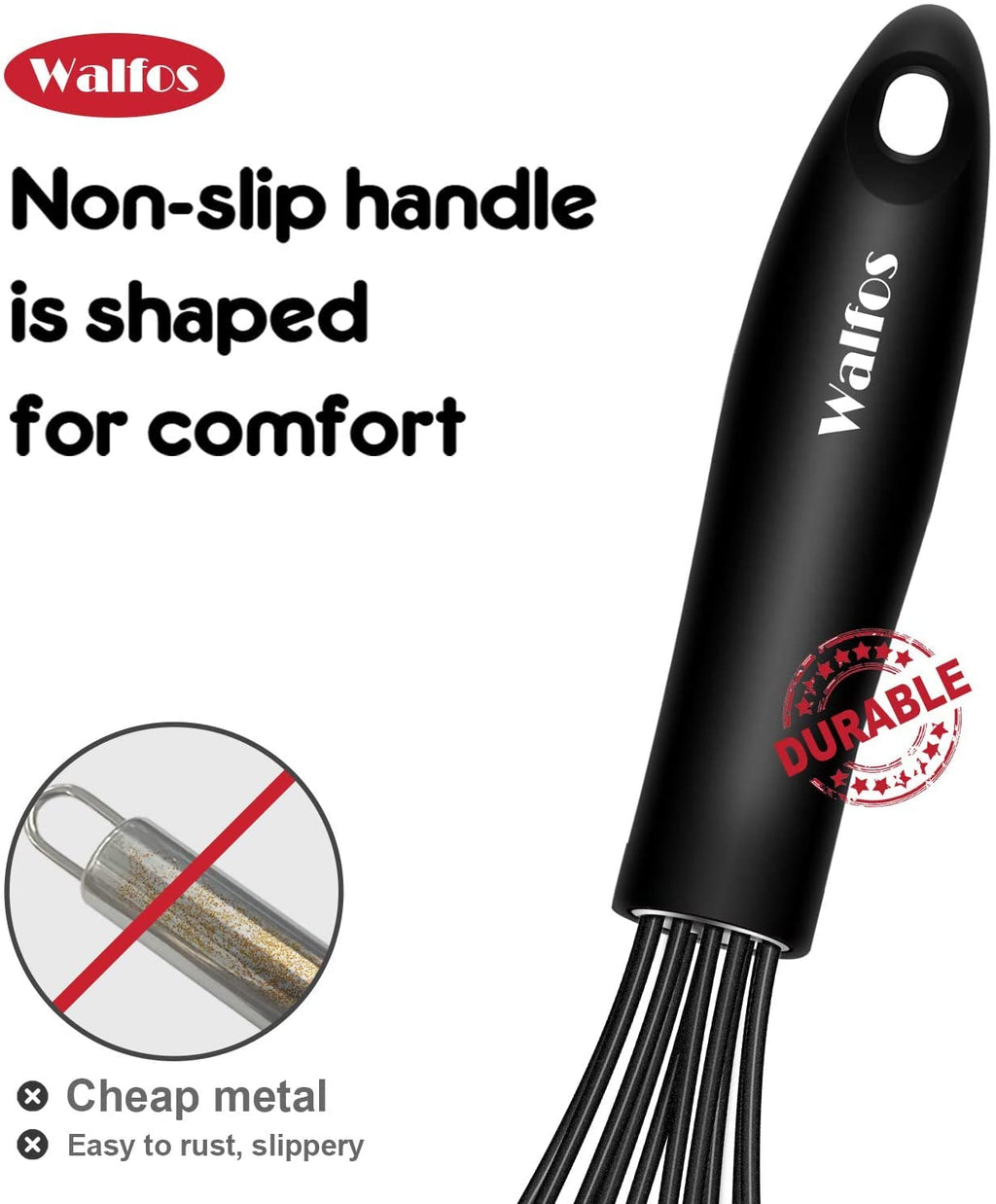 Walfos Silicone Flat Whisk,11inch Flat Whisk Non Scratch Coated Flat Whisks for Cooking.Great for Ceramic Coated pans and Wider shallower pots.Black