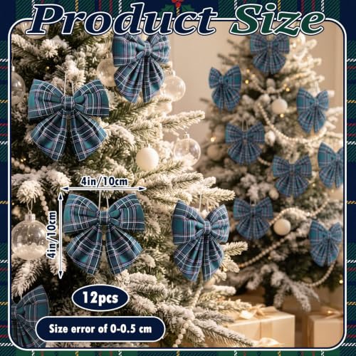 Rivvlive Green Tartan Christmas Bows Ornaments - 4 Inch Holiday Decor, 12 Pack