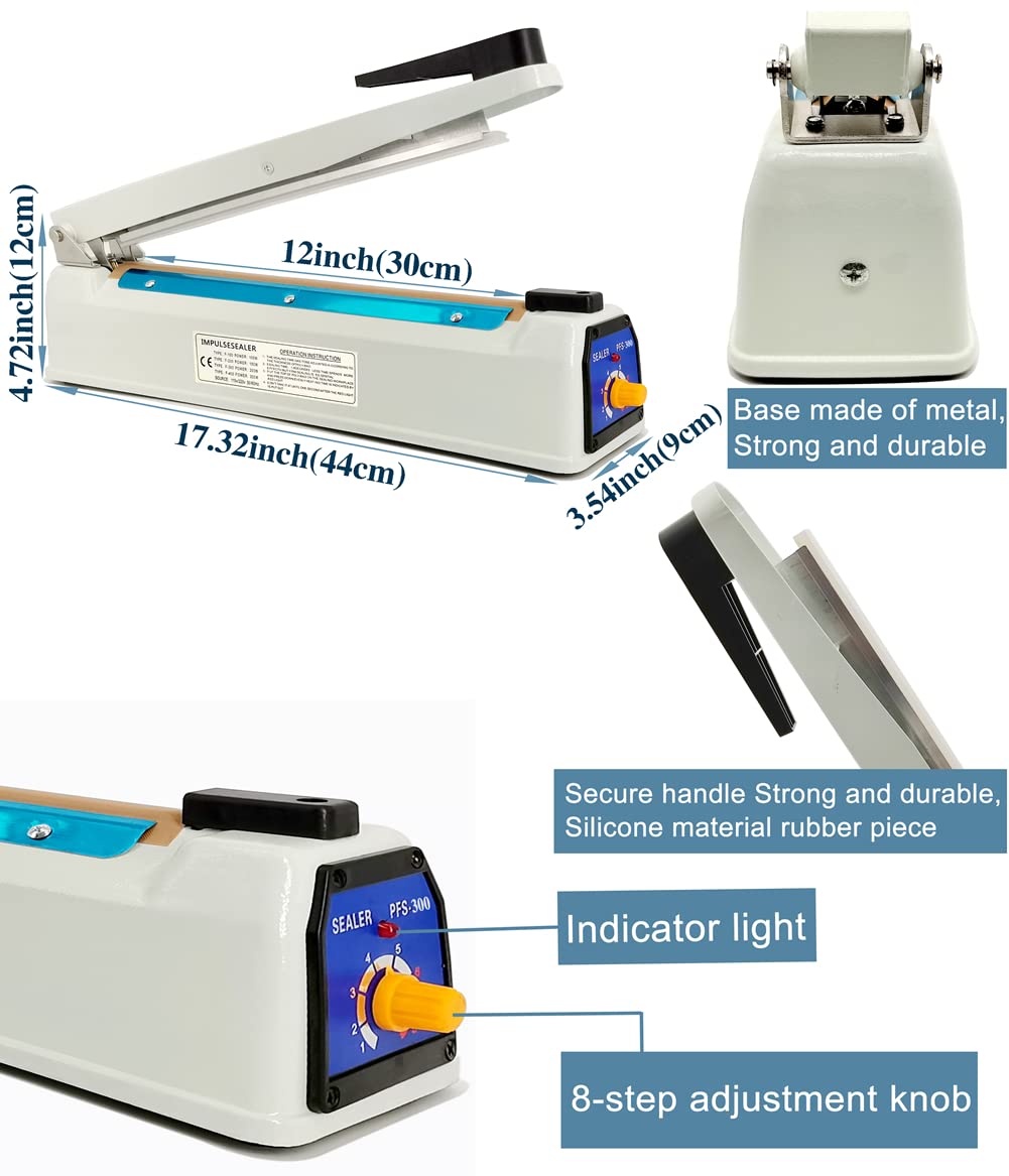 Impulse Sealer 12 inch Mylar Bag Heat Sealer, Heat Sealer for Plastic Bags, Metal Iron Shell, Impulse Sealer 3mm Sealing, Manual Hot Seal Machine with 8 Repair Kits(Included 2 Cutter Lines)