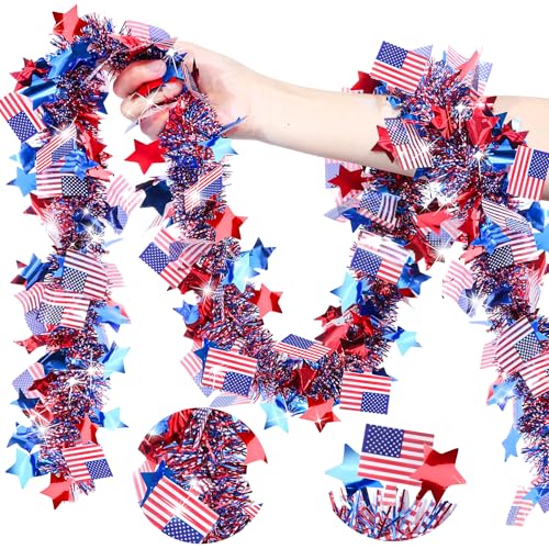 Patriotic Tinsel Garland 50ft - Red White and Blue 4th of July Decor