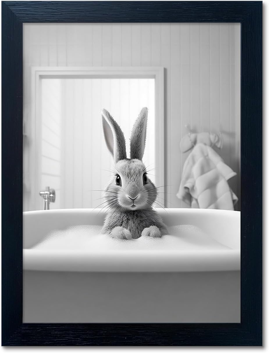 Regine Switzerland Kids Bathroom Decor - Cute Black and White Animal Canvas Wall Art | Funny Rabbit in Bathtub