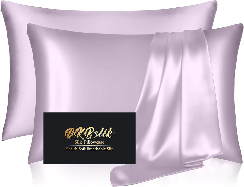 Silk Pillowcase 2 Pack | Mulberry Silk Queen Size Set - Anti-Acne & Hair Care | Lavender with Zipper