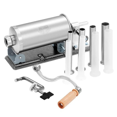 MZTOGR Sausage Stuffer, 2.5LBS Stainless Steel Horizontal Sausage Maker, Homemade Manual Meat Filling Kitchen Machine with 8 Stuffing Tubes