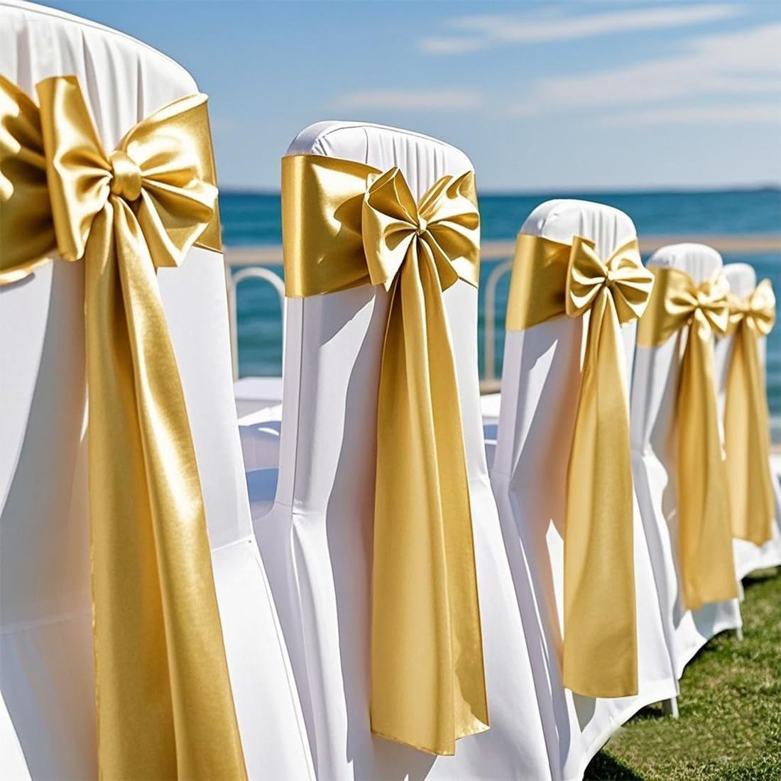 Skiennix Satin Chair Sashes Bows - 7x108 Inch Gold Ties for Weddings & Events | 50 Pack