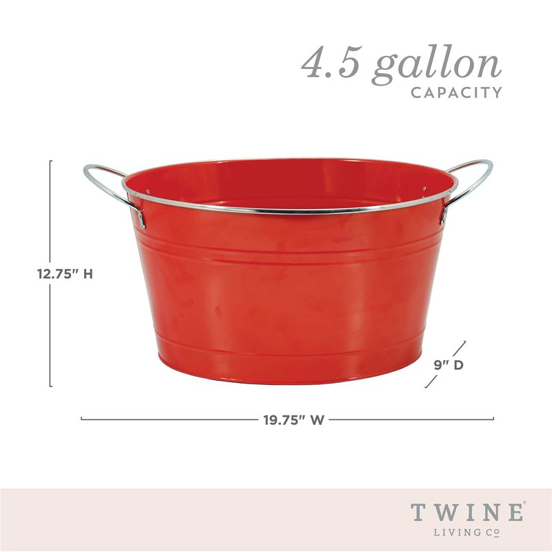Twine Big Red Ice Bucket - Galvanized Metal Drink Beverage Tub for Home Parties, Country Home Wine And Beer Chiller, Holds 4.5 Gallons