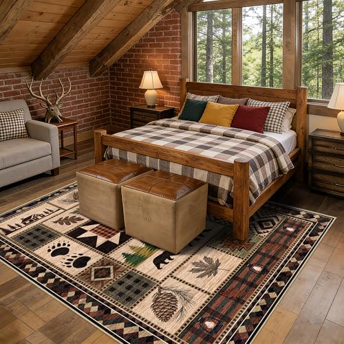5' x 7' Bear Area Rug Rustic Cabin Deer Machine Washable Home Decor