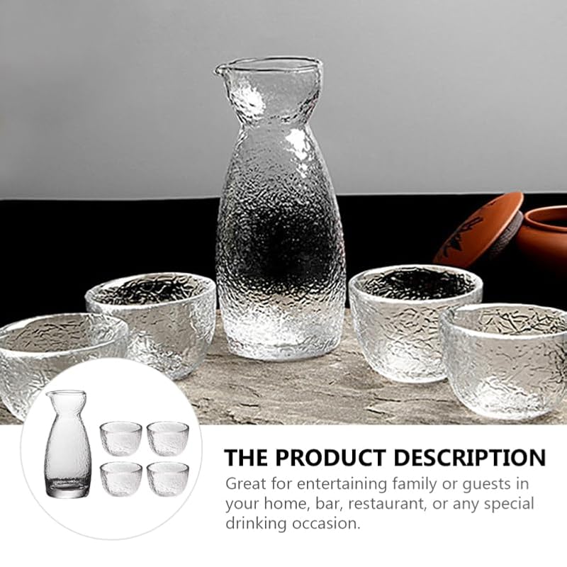 Japanese Sake Set with Hammered Glass Pot & 4 Cups - Elegant Drinkware