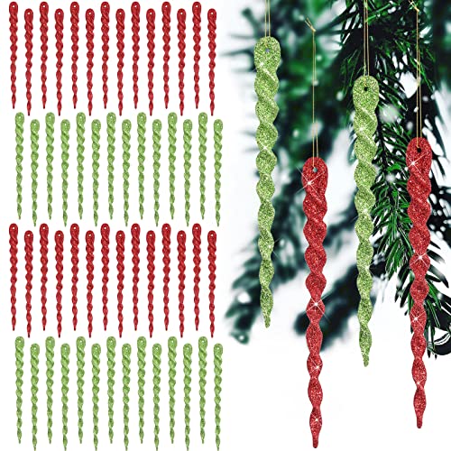 Patelai 60 Pieces Red and Green Twisted Icicle Christmas Tree Decorations - Glitter Spiral Ornaments for Holiday, Wedding & Party