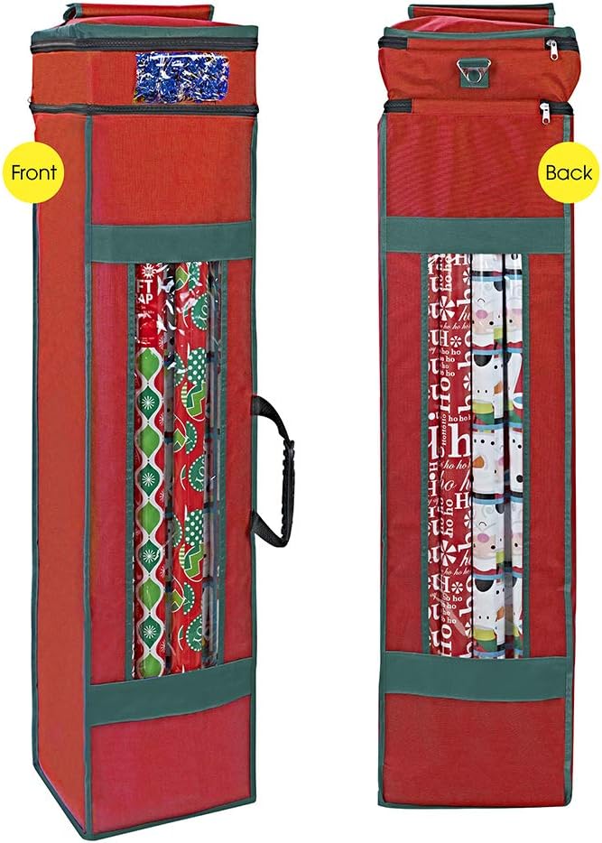 ProPik Wrapping Paper Storage Bag - Heavy Duty with Pocket & Clear Window | Fits 40-Inch Rolls, Red, 47 x 10 x 10 Inch