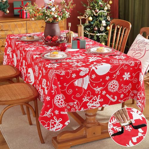 Christmas Vinyl Tablecloth 52x70 Rectangle - Waterproof, Flannel Back Red
