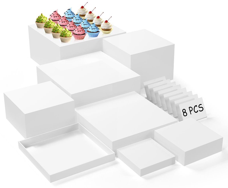 SUNEZLGO 8PCS Buffet Risers, Acrylic Large Food Risers with Mini Signs, Buffet Table Acrylic Cube Display Stands Box Risers for Party Catering Dessert Jewelry Nesting Risers with Hollow Bottom White