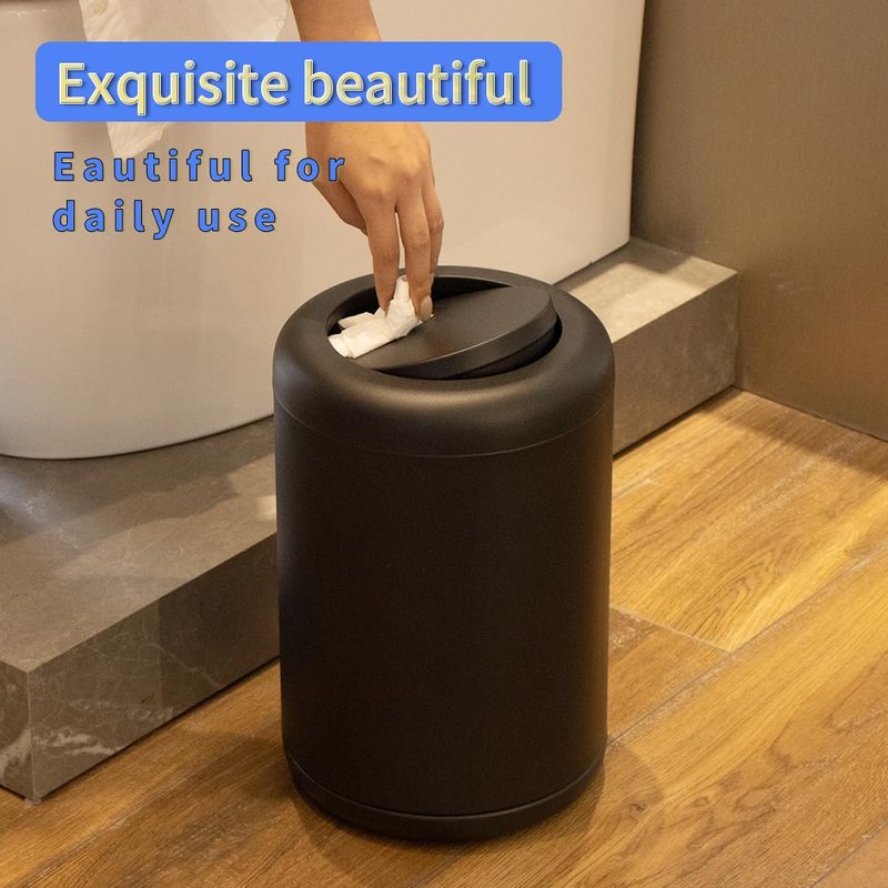 BRIEFHUMAN Waste Can 3 Gallon with Swing Lid，Brushed Stainless Steel Trash Can，Metal Cylindrical Garbage Can，Brass Wastebasket Bin for Bathroom,LivingRoom,Office,Kitchen,Bedroom,Hotel (Black)