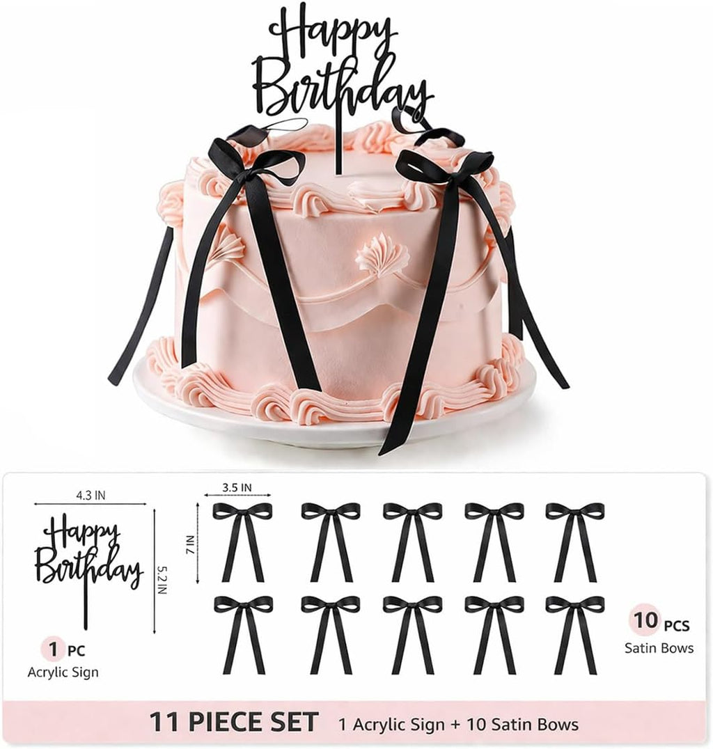 Skiennix Black Satin Cake Bows - 11 Pcs Coquette Bow Toppers with Happy Birthday Sign | Perfect for Birthdays, Baby Showers, Weddings