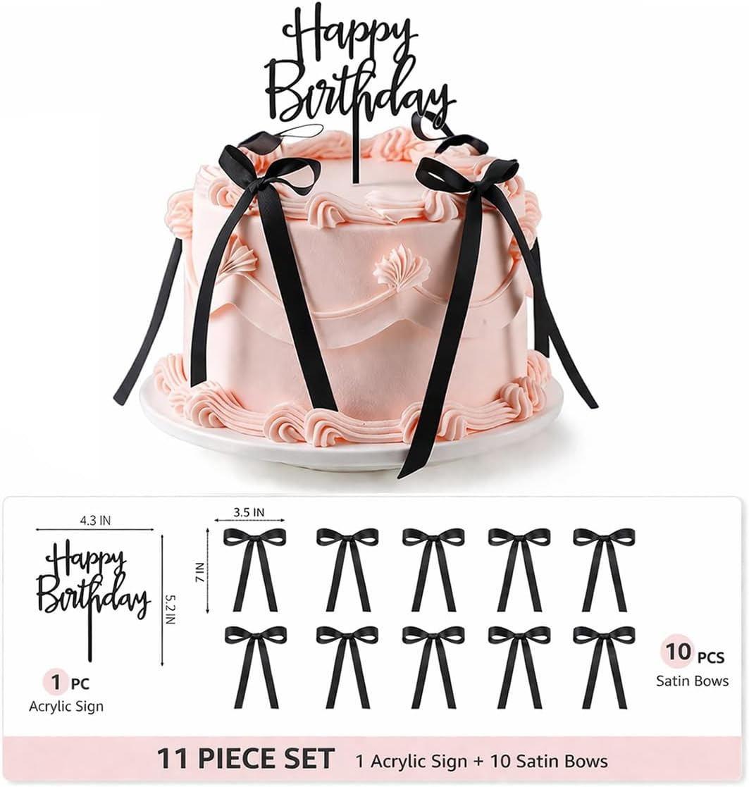 Skiennix Black Satin Cake Bows - 11 Pcs Coquette Bow Toppers with Happy Birthday Sign | Perfect for Birthdays, Baby Showers, Weddings