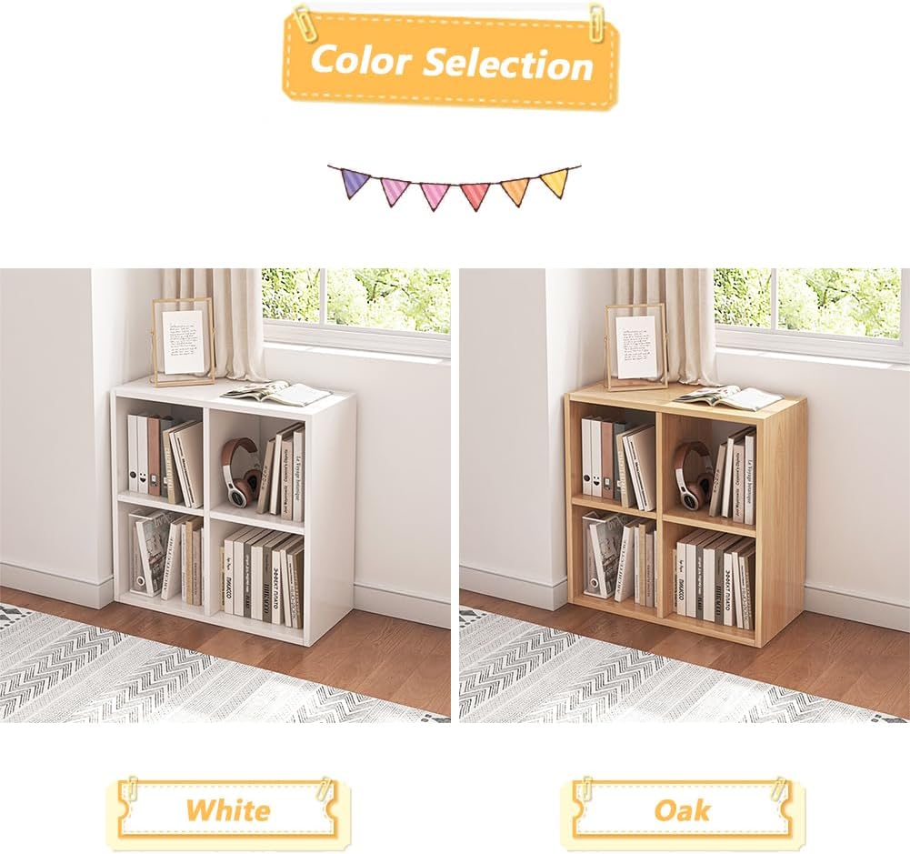 NELY 4 Cube Organizer Bookcase - Stylish Fabric Storage Bins & Open Shelves, White Finish