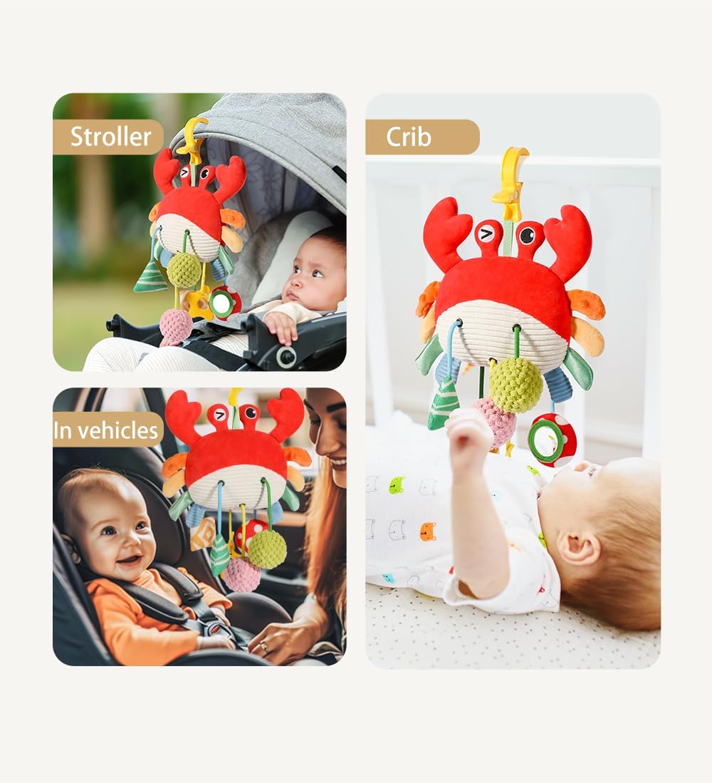 Skiennix Car Seat Toys for Babies 0-12 Months - Plush Activity Toy with Rattle, Mirror & Clip-On Design