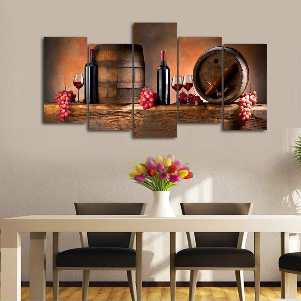 Cao Gen Decor Art-K60527 5 panels Wall Art Fruit Grape Red Wine Glass Painting on Canvas Stretched and Framed Canvas Prints Ready to Hang for Dining Room Art Wall Decor Artwork