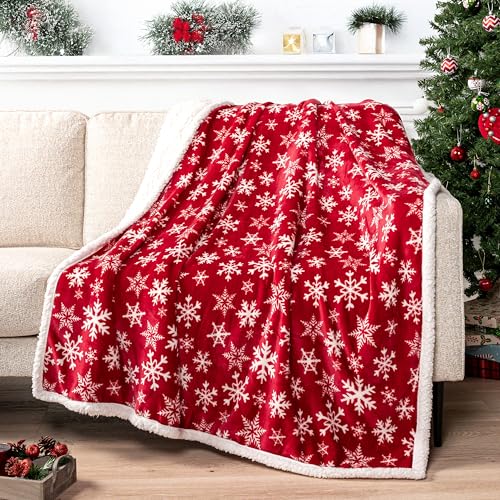 PAVILIA Red Snowflake Christmas Sherpa Throw Blanket Twin Size - Cozy Reversible Fleece & Sherpa, 60x80 Inches